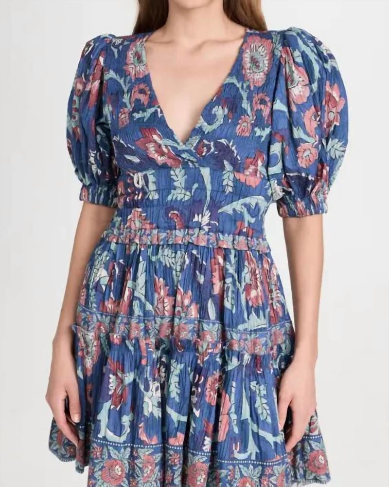 Front of a model wearing a size L Rory Print Puff Sleeve Mini Dress In Rose Multi in Rose Multi by SEA. | dia_product_style_image_id:342357